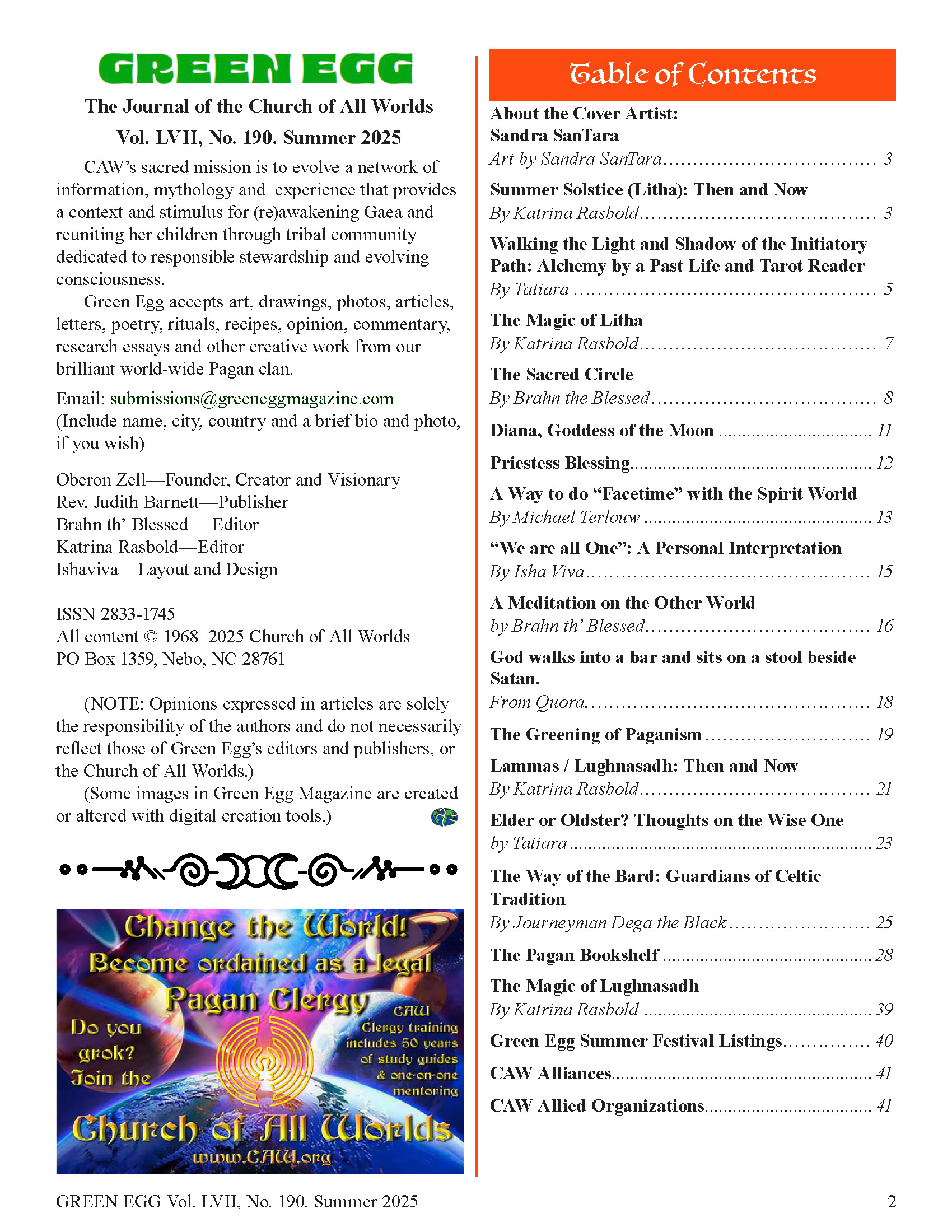 GREEN EGG No 190 Table of Contents