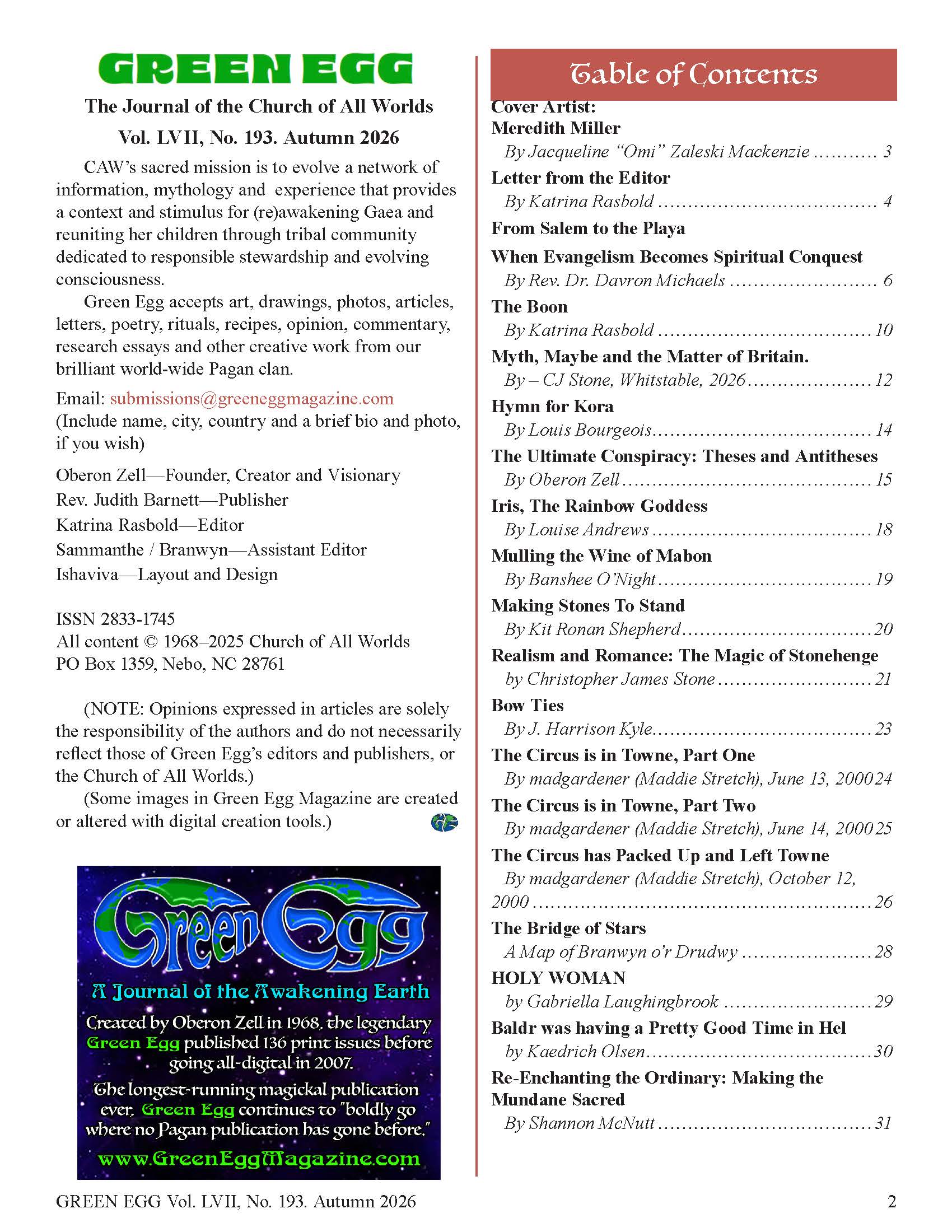 Green Egg Issue 195 Table of Contents