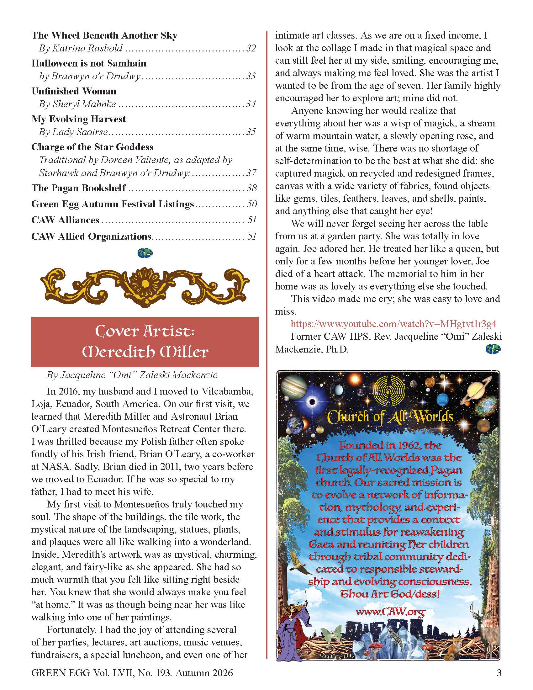 Green Egg Issue 195 Table of Contents